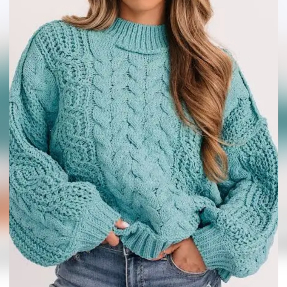 038 ⬇️ The Asterline 3 Cozy Cable Knit Sweater - Aqua Teal - Picture 4 of 5